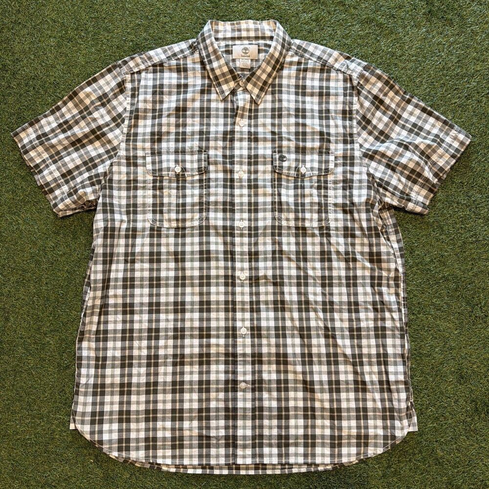 Timberland Men’s SS Button Down Vented Shirt Beige Plaid XL Cotton Polyester
